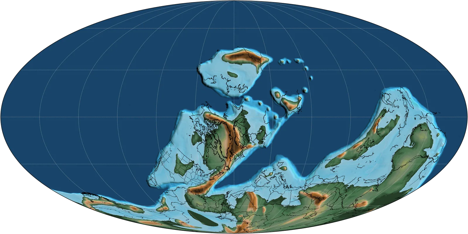 Mapa Země před 390 miliony let (devon) v Mollweidově zobrazení. Tmavě modrá je hluboký oceán, světle modrá mělké šelfové moře, hnědá a olivová souš, bílá zalednění. Tenké černé čáry ukazují, kde dnes leží hranice států.